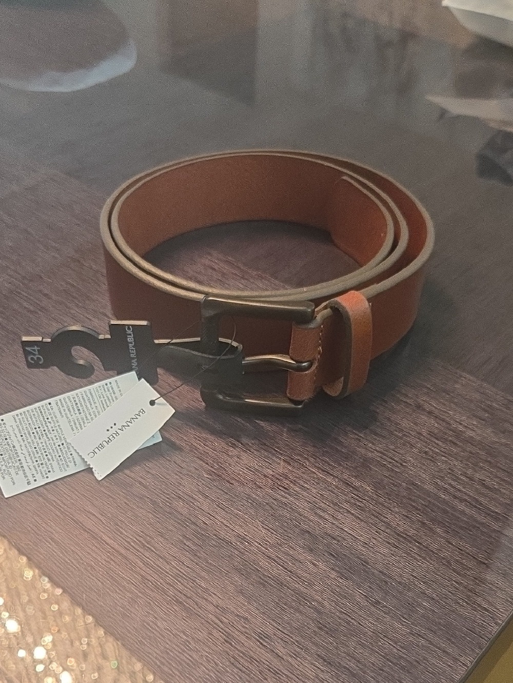 Banana Republic Men's Tan Leather Belt with Antique Brass Buckle